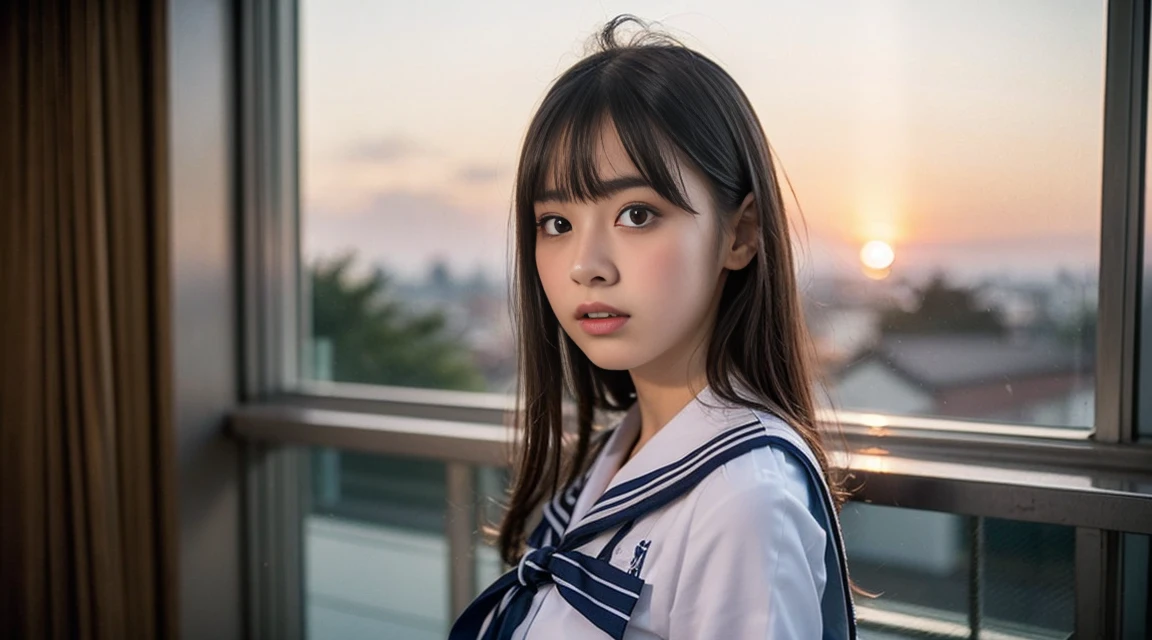 (Best Quality, 8K, 32 k, tmasterpiece, NFFSW (english) (english) (english) (english) (english) (english):1.2), (Raw foto), (realisitic), (Photorealistic:1.2), (high resolucion), Ultra-detailed, extremely beautiful face & eyes, 1girll, (Lori, 14 year old:1.2), young female, innocent face, thin-waist, tits huge, slim proportions, (Uniform of Japanese sailors, sailor fuku, serafuku, japanese school sailor uniform, striped pleated skirt:1.27), (From below, white thong, groin:1.24), deep night, school rooftop, city lights