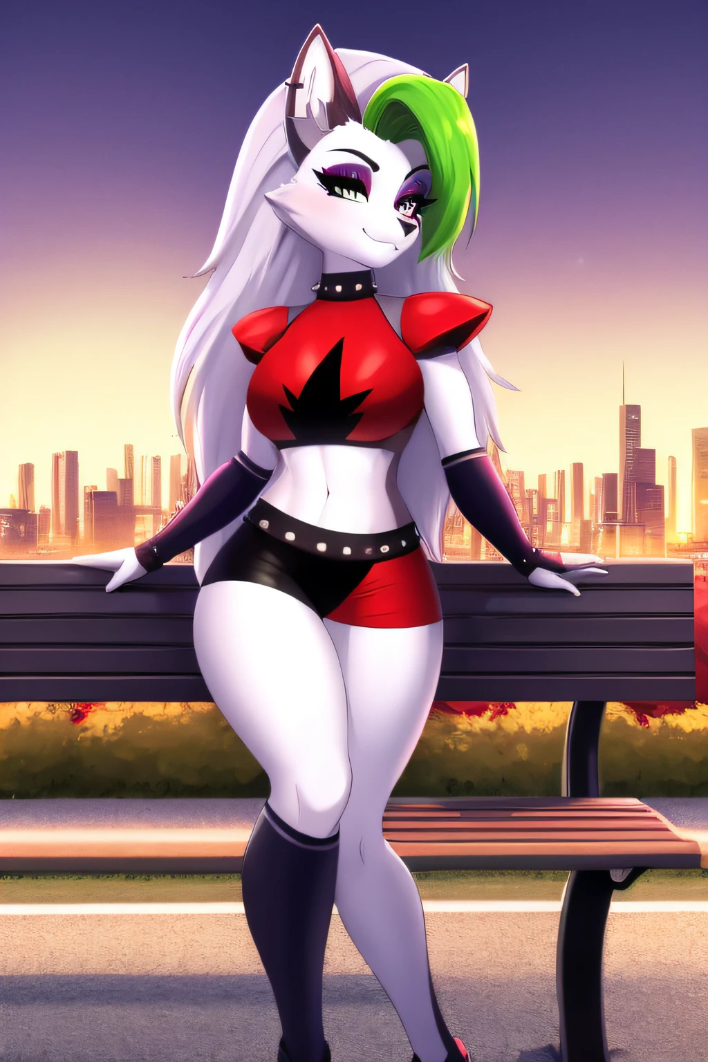 best quality, (masterpiece:1.1), roxanne fusion loona, solo, furry female, body fur, makeup, sexy clothes, super detailed, high detail eyes, perfect proportion, bench, city