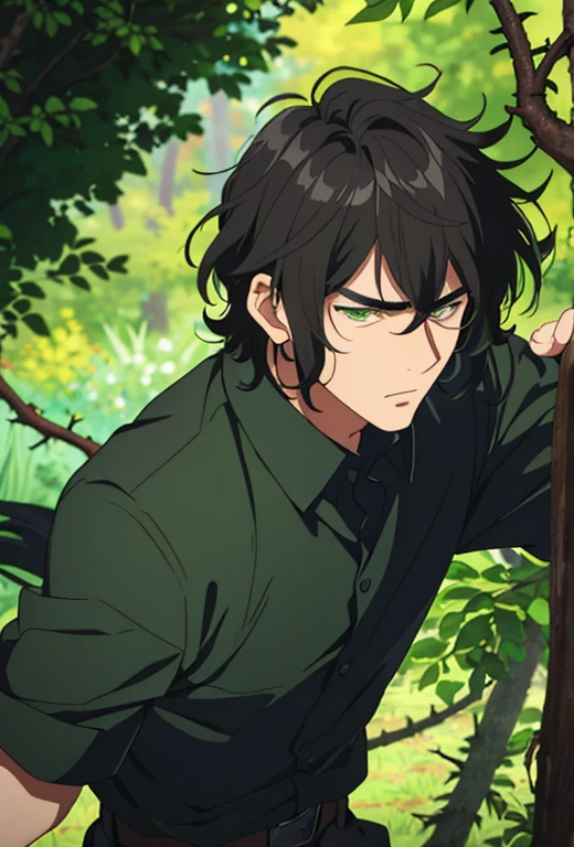 Masterpiece , solo , 1MALE , young male , medium length black hair , curly bangs , mullet hairstyle , dark green eyes , eye bags , serious expression , plain black shirt , black gloves , religious , dark forest background , surrounded by branches and thorns ,