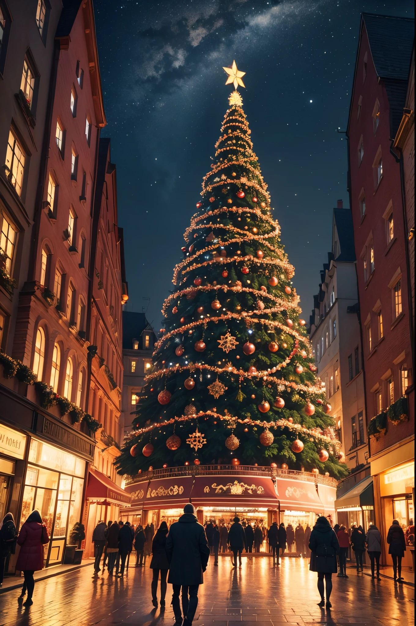 Festive Cityscape: A vibrant cityscape adorned with dazzling lights, skyscrapers, and a giant Christmas tree in the town square.