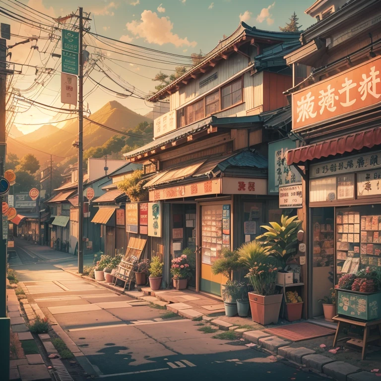 anime background, anime wallpaper, anime, anime style, lofi, lofi style, modern japanese street, mountains, uphill, modern japanese architecture, japanese convenience store, big retro japanese shop signs, retro japanese store, trees, plants, rocks, plant pots, shop signs, japanese banners, japanese signs, flags, sunrise, golden hour, golden lighting, empty street, no one in sight, (no one: 1), best quality