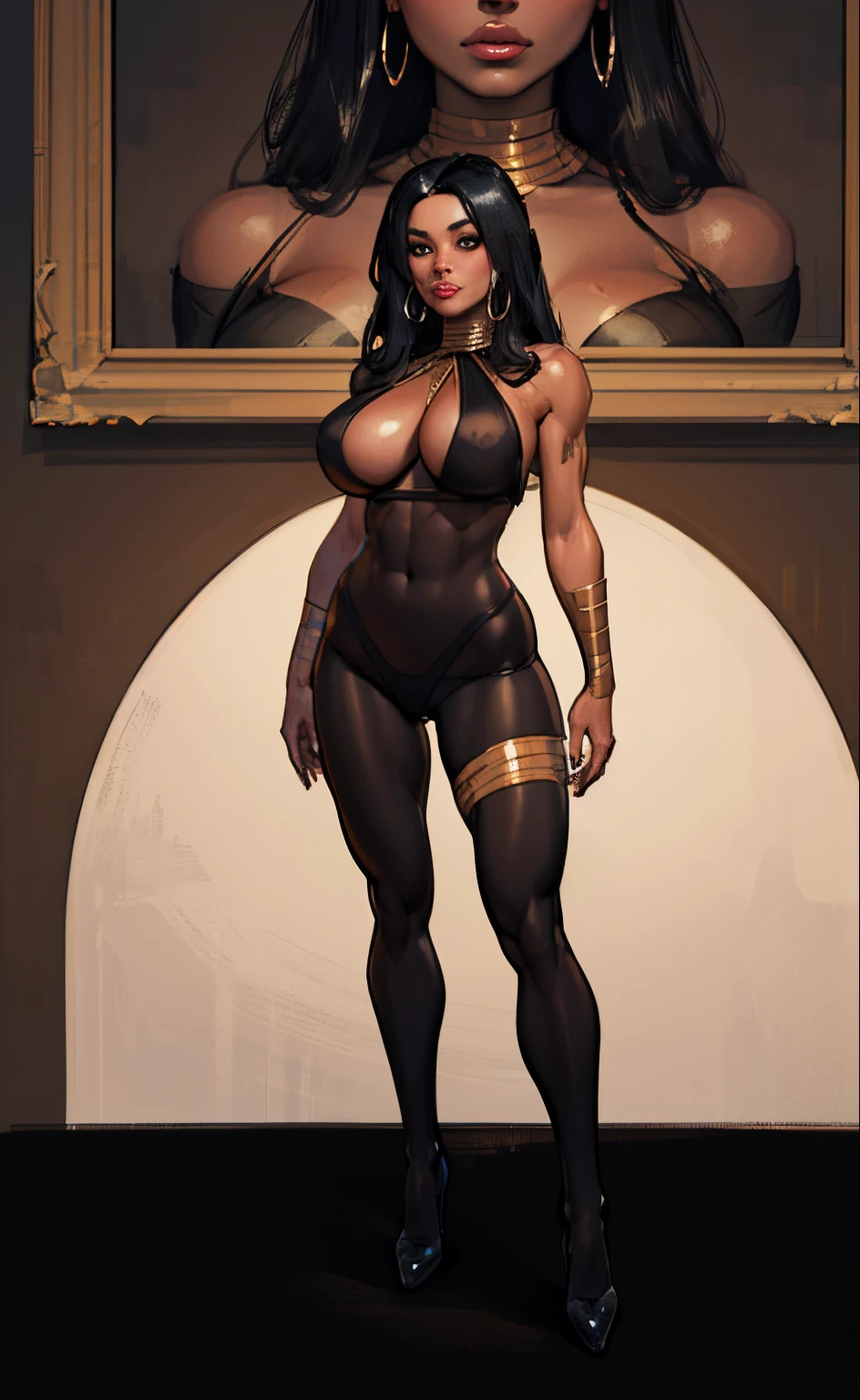 8k, ((full body portrait:1.3)), a beautiful cyborg with black hair, intricate, Egyptian elegant, highly detailed, Egyptian majestic, gigantic breasts, septum piercing, digital photography, ((puffy lips)), ((cleavage)), ((mature face)), ((gigantic breasts)), art by artgerm and ruan jia and greg rutkowski surreal painting gold peacock filigree, broken gsterpiece, sidelighting, finely detailed beautiful eyes: 1.2), hdr,