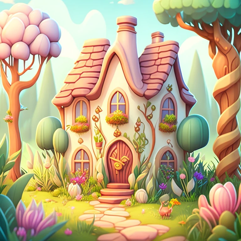 Cartoon-style house, flowers and plants, magical elements, mobile game， forest and plants, a touch of magical elements, outlines of animals.