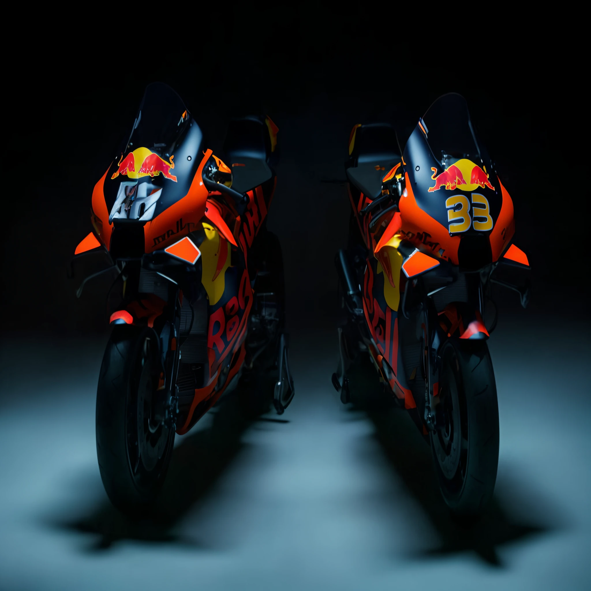 there are two motorcycles that are sitting side by side, on black background, red bull, hyper realistic ”, hyper realistic”, repsol honda, 35840k film, cinematic front shot, ultra wide-shot, 36864k film, concept matte, cinematic full shot, hyper realistic, full frame shot, extreme render, super high resolution