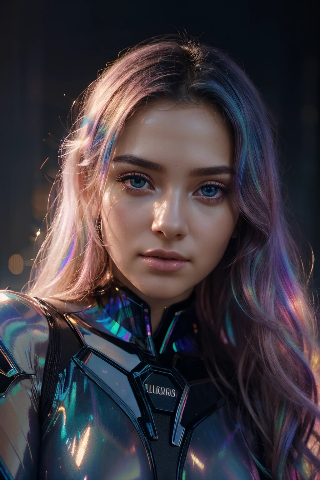 A woman in a shiny suit with long hair and blue eyes - SeaArt AI