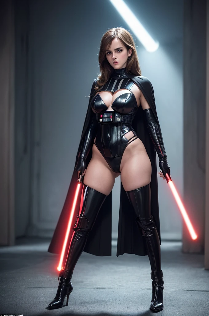 Beautiful full body photograph of perfect 33-year-old ((Emma Watson 2023), Emma Watson 2023, ((big heavy breasts)), red lightsabers, shapeless long hair, (wearing Darth Vader Star Wars outfit), perfect features, abstract beauty, near perfection, pure form, ((dynamic pose)), sci-fi background ((dark shadows)), ((rim lighting)), concept art by Stanley Kubrick, stunning details, intricate details, 8k post-production, High resolution, super details, trending on ArtStation, sharp focus, depth of field f/1.8, studio photo, (best quality, masterpiece: 1.2) , (tmasterpiece) , (very detailed CG unified 8k wallpaper) , (very pretty face), (beautiful, perfect makeup) voluptuous, very tight Darth Vader Star Wars suit, symmetrical face and eyes, dark heavy eyeliner, gorgeous girl, full body picture, standing upright, she is extremely attractive, her legs are elegant and fit, she has attractive thighs, she has attractive hips, her skin is delicate and beautiful, everything about her is very beautiful and gorgeous and attractive in a classical sense, she knows that she looks beautiful, she is looking into the camera, she is fierce and sexy