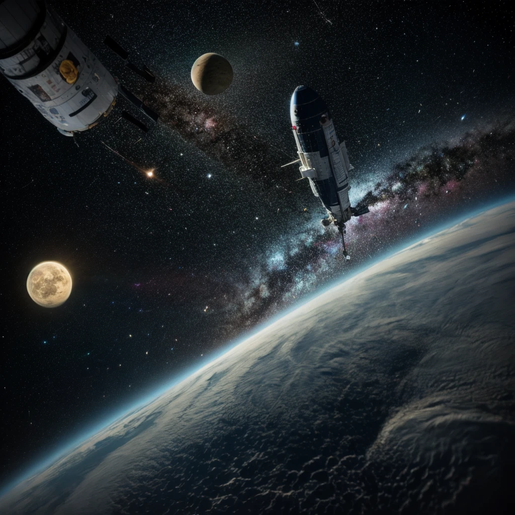 Nave espacial, subindo da terra , cosmic space, lua grande de fundo , ceu estrelado, galaxia complexa. black hair, Surrealism, 8k, super detail