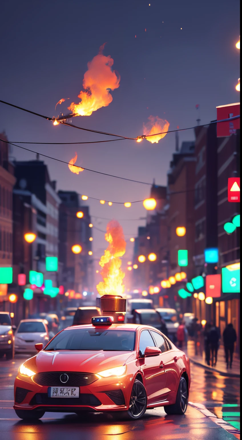 (Flame/火焰/loimu,dynamic scene:1.3),Christmas clown driving Christmas car bank,(blasts,火焰,catching fire),tmasterpiece,8K,UHD resolution,high high quality,hyper realisitc,