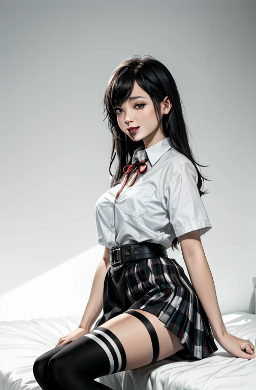 1 girl as yukino yukinoshita, absurdres, highres, solo, school uniform, big breasts, waist long black hair, (twintails:0.5), miniskirt, black thighhigh socks, loose red ribbon, unbuttoned white shirt, (ahegao:1.2), (rolling eyes:1.2), spread legs, flirtatious smile