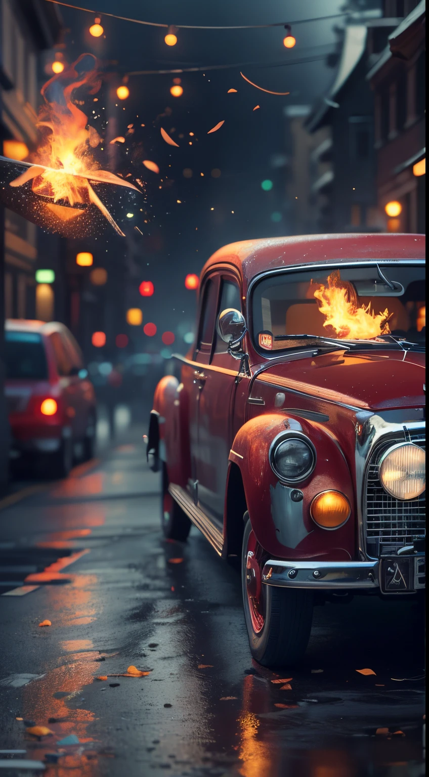 (Flame/火焰/loimu,dynamic scene:1.3),Christmas clown driving Christmas car bank,(blasts,火焰,catching fire),tmasterpiece,8K,UHD resolution,high high quality,hyper realisitc,