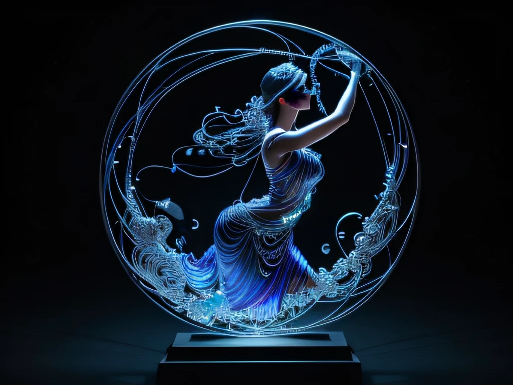 8 mil, Renderizado 3D, Una imagen completa del cuerpo de la mujer., hecho de OBSIDIANA elaborado con alambre de colores iridiscentes, exudando un encanto cautivador. Cada nodo de la escultura de alambre contiene una luz radiante., iluminando los delicados contornos y complejidades de su rostro. This evocative work of art invites viewers to marvel at the fine craftsmanship and exquisite details., showing the fascinating interplay of light and shadow. With its impeccable precision and refined art, This impressive wire sculpture captivates the public&#39;s attention., leaving them in awe of its sheer beauty.