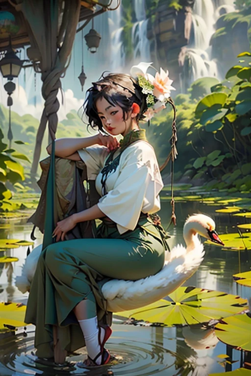 a swing in the lush green mountains and lotus ponds with swan