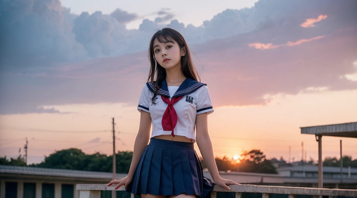 (Best Quality, 8K, 32 k, masutepiece, (english) (english) (english):1.2), (Raw foto), (realisitic), (Photorealistic:1.2), (high resolucion), Ultra-detailed, extremely beautiful face & eyes, 1girll, (Lori, 14 year old:1.2), young female, innocent face, faint expression, sad look, Black straight hair, thin-waist, tits huge, slim proportions, (Uniform of Japanese sailors, sailor fuku, serafuku, japanese school sailor uniform, striped pleated miniskirt:1.27), in a classroom, Beautiful profile, sunset outside, red sky and clouds, 90s, Vintage film camera shooting, sitting on a classroom chair.