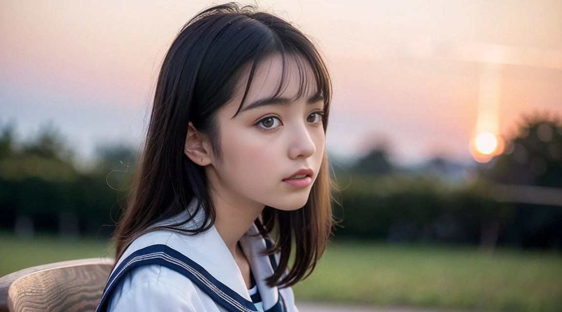 (Best Quality, 8K, 32 k, masutepiece, (english) (english) (english):1.2), (Raw foto), (realisitic), (Photorealistic:1.2), (high resolucion), Ultra-detailed, extremely beautiful face & eyes, 1girll, (Lori, 14 year old:1.2), young female, innocent face, faint expression, sad look, Black straight hair, thin-waist, tits huge, slim proportions, (Uniform of Japanese sailors, sailor fuku, serafuku, japanese school sailor uniform, striped pleated miniskirt:1.27), in a classroom, Beautiful profile, sunset outside, red sky and clouds, 90s, Vintage film camera shooting, sitting on a classroom chair.
