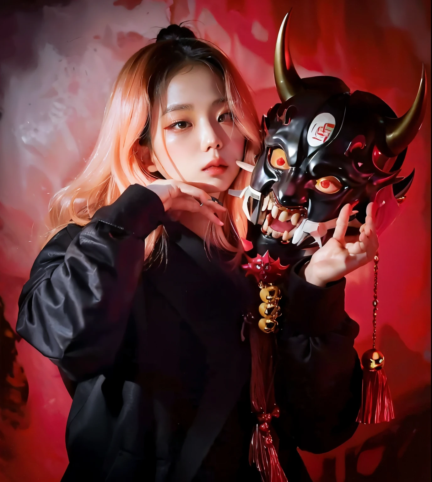 Blackpink's Jisoo holding a demon face mask and a chain, as a super villain, with kitsune mask, Artista coreano, mika kurai demon, cruel korean goth girl, villain wearing a red oni mask, as a super villain, giesha demon, portrait of demon girl, olhar assustador
