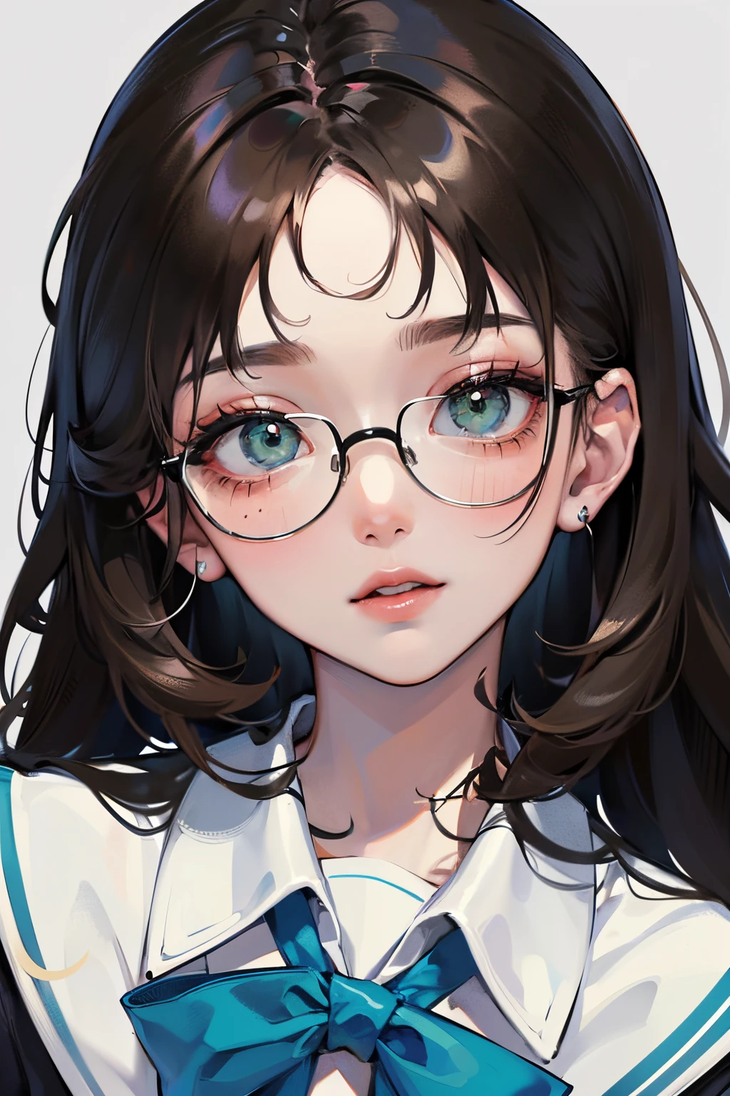 ((tmasterpiece)),(best qualtiy),The upper part of the body,(ultra intricately detailed),(Highest Definition),(8K),(Clean lines),(Perfect facial features,Perfect meat),(offcial art),1little girl,matchless beauty,School Uniforms,Green eyes,Black hair Long hair,eye glasses