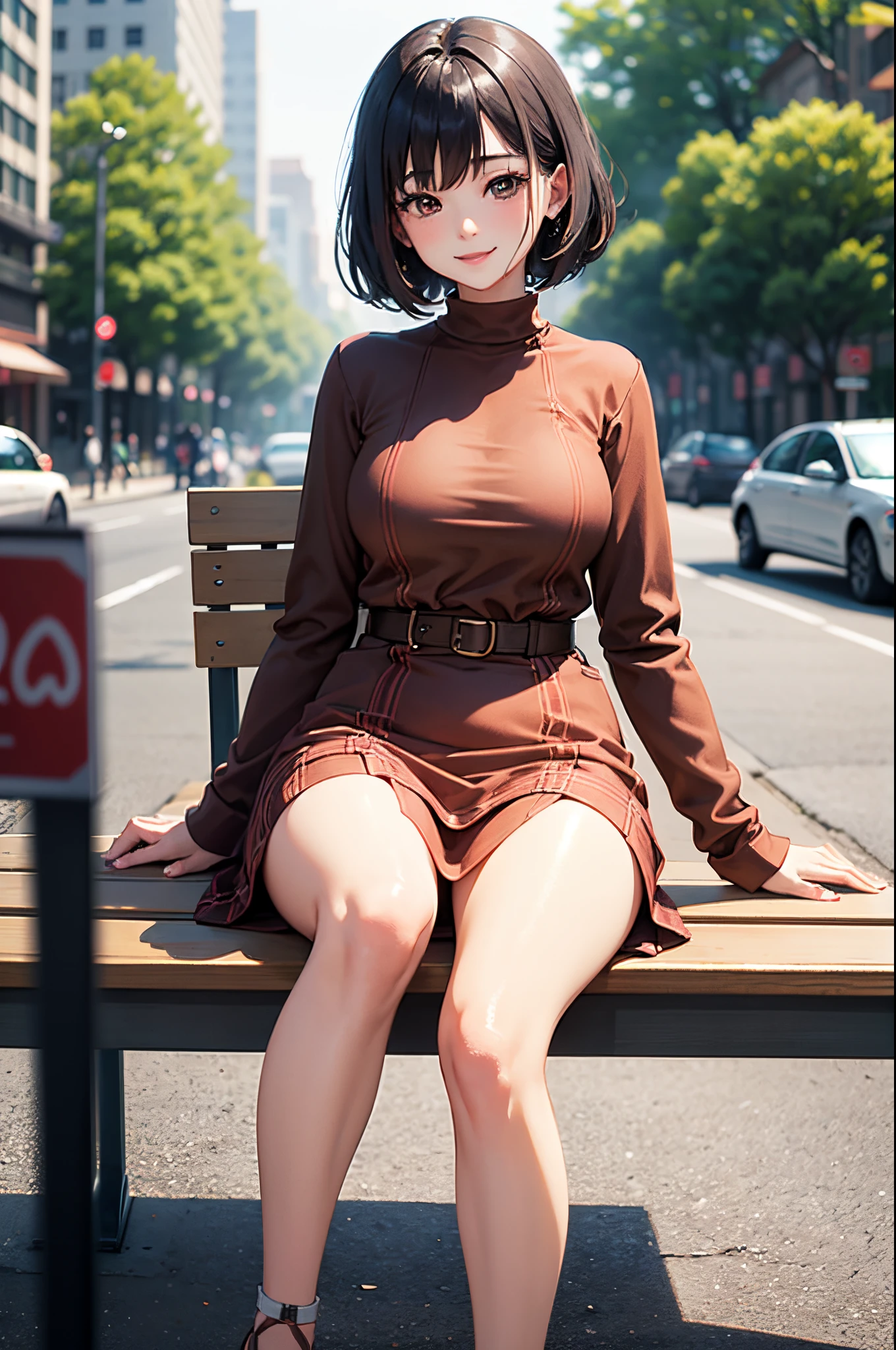 masterpiece, 1_girl, av idol. 25-years-old Korean girl. slender and medium breast. brown eyes. short black hair and bangs in the front. Wearing Plaid Pattern Splicing Dress, Elegant Crew Neck Long Sleeve, walking in the street in a hazy afternoon, blurry background, sitting on bench, smiling