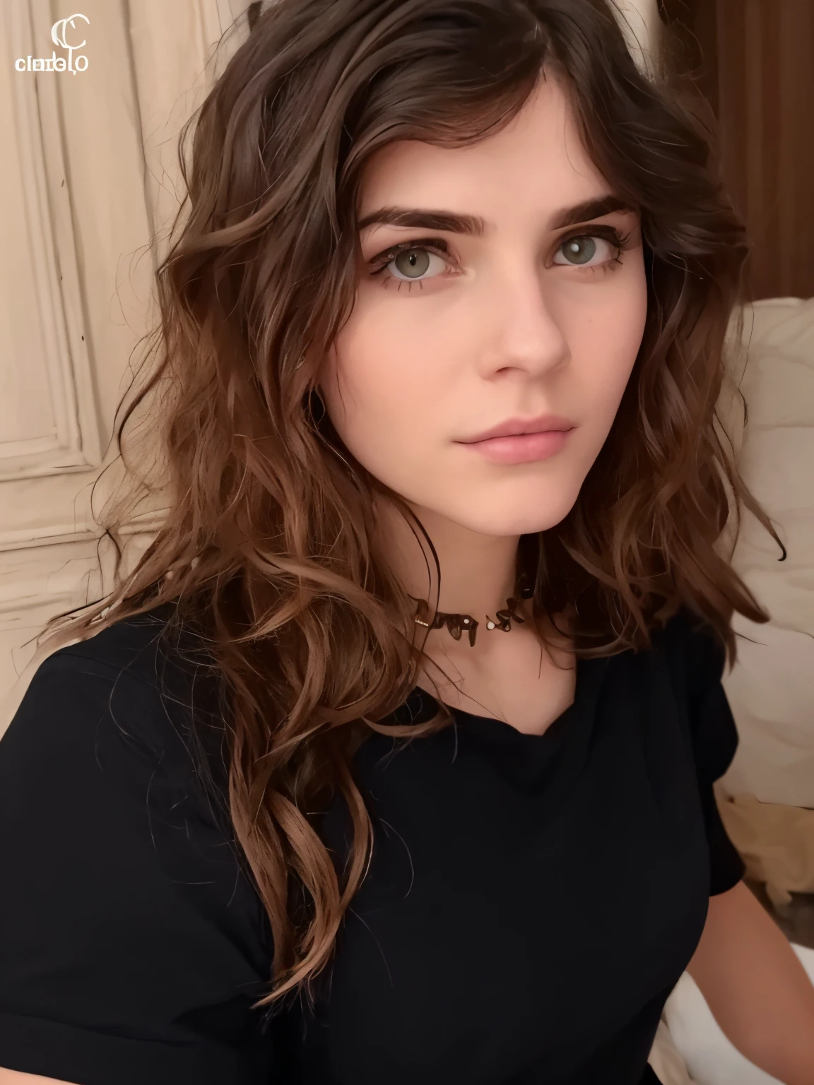 there  a woman with long hair and a black shirt, around 19 years old, with long hair and piercing eyes, her hair  natural disheveled, very very low quality picture, anastasia ovchinnikova, no makeup wavy hair, photo of the girl, with long hair, ekaterina, 19-year-old girl