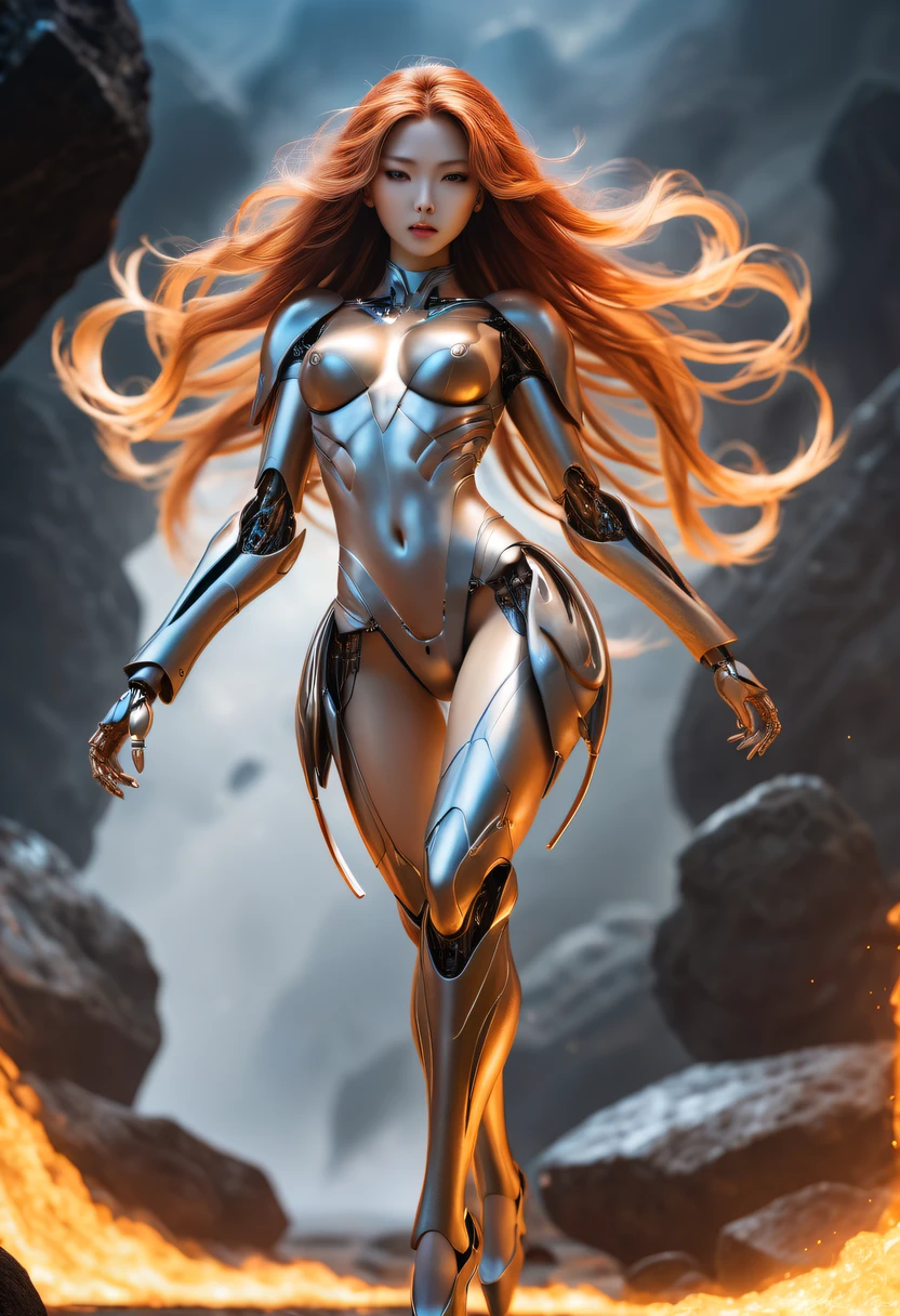 (火焰/butterflys/Loim，dynamic scene:1.3)，studio photo, Beautiful robot metal woman standing alone, strange fantasy images, Strange glowing rock, The beautiful, Detailed pubic hair, Long, flowing hair, middling, great skin texture