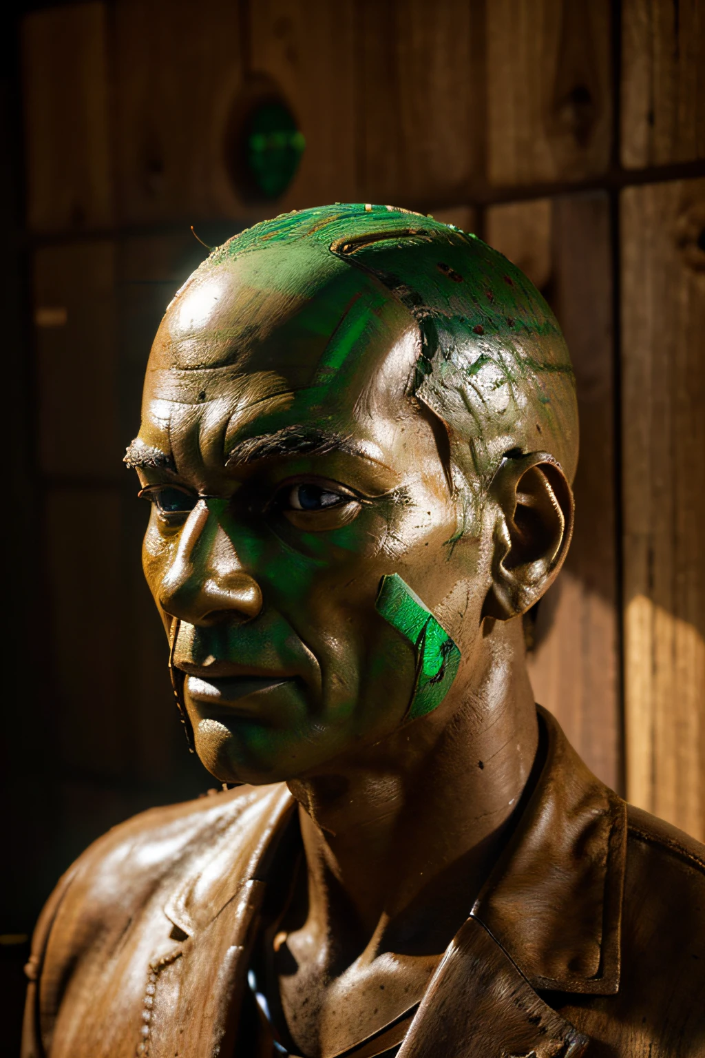 Computer game character Wooden man., Mysterious character, expressive face, material: a tree,. His features are hard and durable., carved from wood. Deep texture levels, play of light and shadow on the face, character mystery. eyes, bright emerald shade, shine and radiance on the face, the background around is stunning.