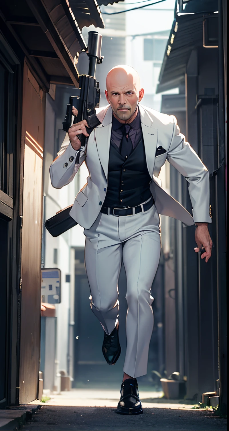 Bald Man wearing a white suit, running towards the camera with a gun in hand, (fullbody:1.2),(foot:1),8k, RAW photo, best quality, (masterpiece:1.2), (realistic:1.hotorealistic:1.3), ultra-detailed, (high detailed skin:1.2), 8k uhd, dslr, soft lighting, high quality, film grain, Fujifilm XT3, best quality, beautiful lighting, beautiful,(1girl:1.2),muscle,