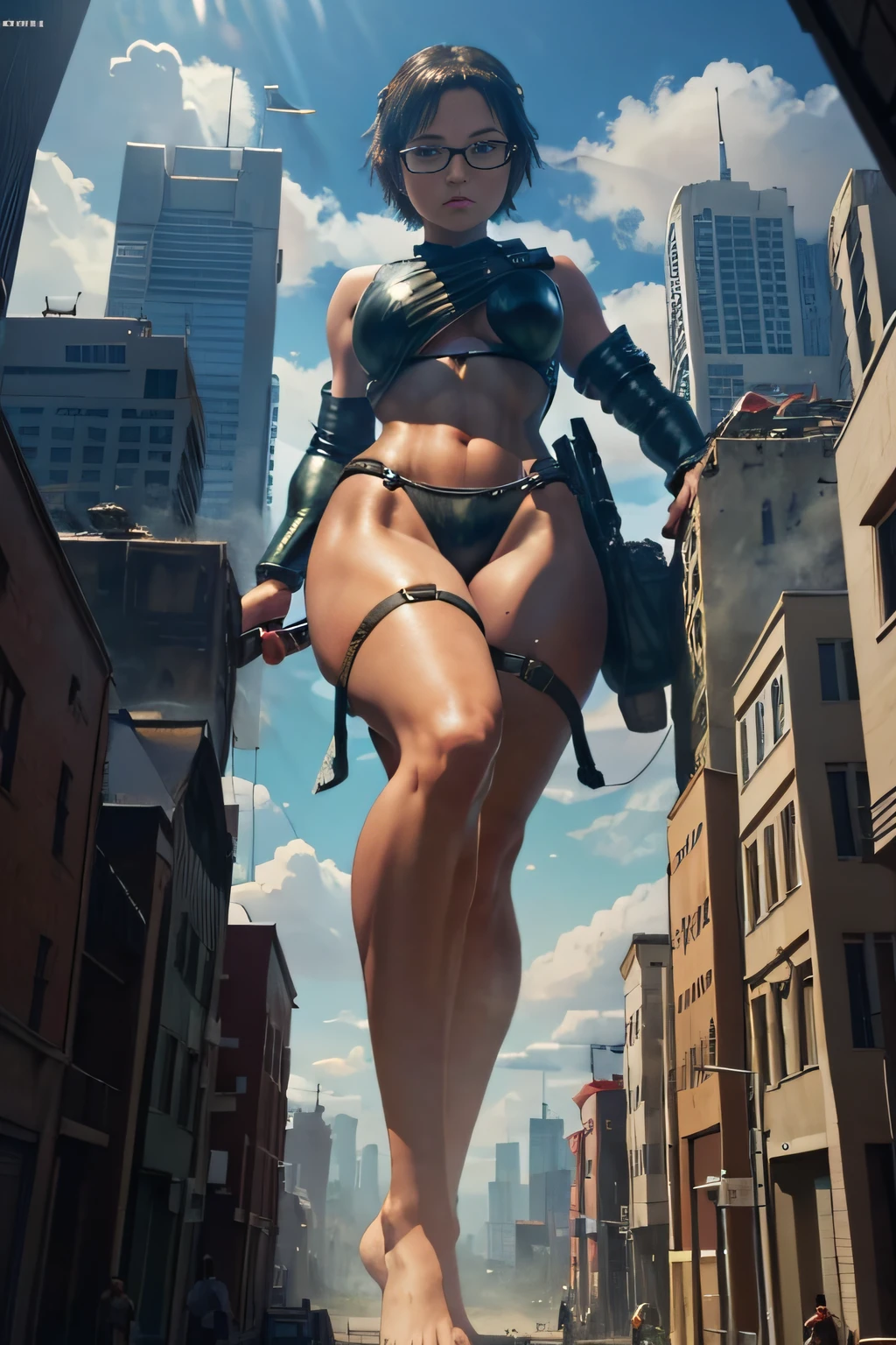giantess art, highly detailed giantess shot, der riese, Beautiful girl wearing a huge swimsuit, Shorthair, Giant woman bigger than a skyscraper, Wearing rimless glasses, Colossal tits, Big ass, Futanari, Giant Root, Erect penis, very small metropolis, miniature metropolis, Full body depiction, Removed clothes are hung on the building., nffsw, der riese, Small town,micro city,