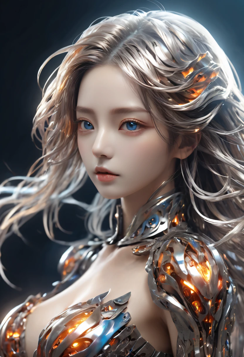 (火焰/butterflys/Loim,dynamic scene:1.3),studio photo, Beautiful robot metal woman standing alone, strange fantasy images, Strange glowing rock, The beautiful, Detailed pubic hair, Long, flowing hair, middling, great skin texture