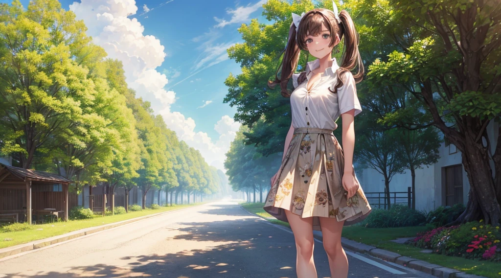 1girl, adoult, solo, full body, summer, village, trees, sun, clouds, ((brown hair)), twintail, large breasts, button down, green eyes, ((floral pattern white shirt)), ((unbuttoned shirt)), ((short sleeved shirt)), skirt, brown shoes, grin, looking at the viewer, standing, hair ribbon