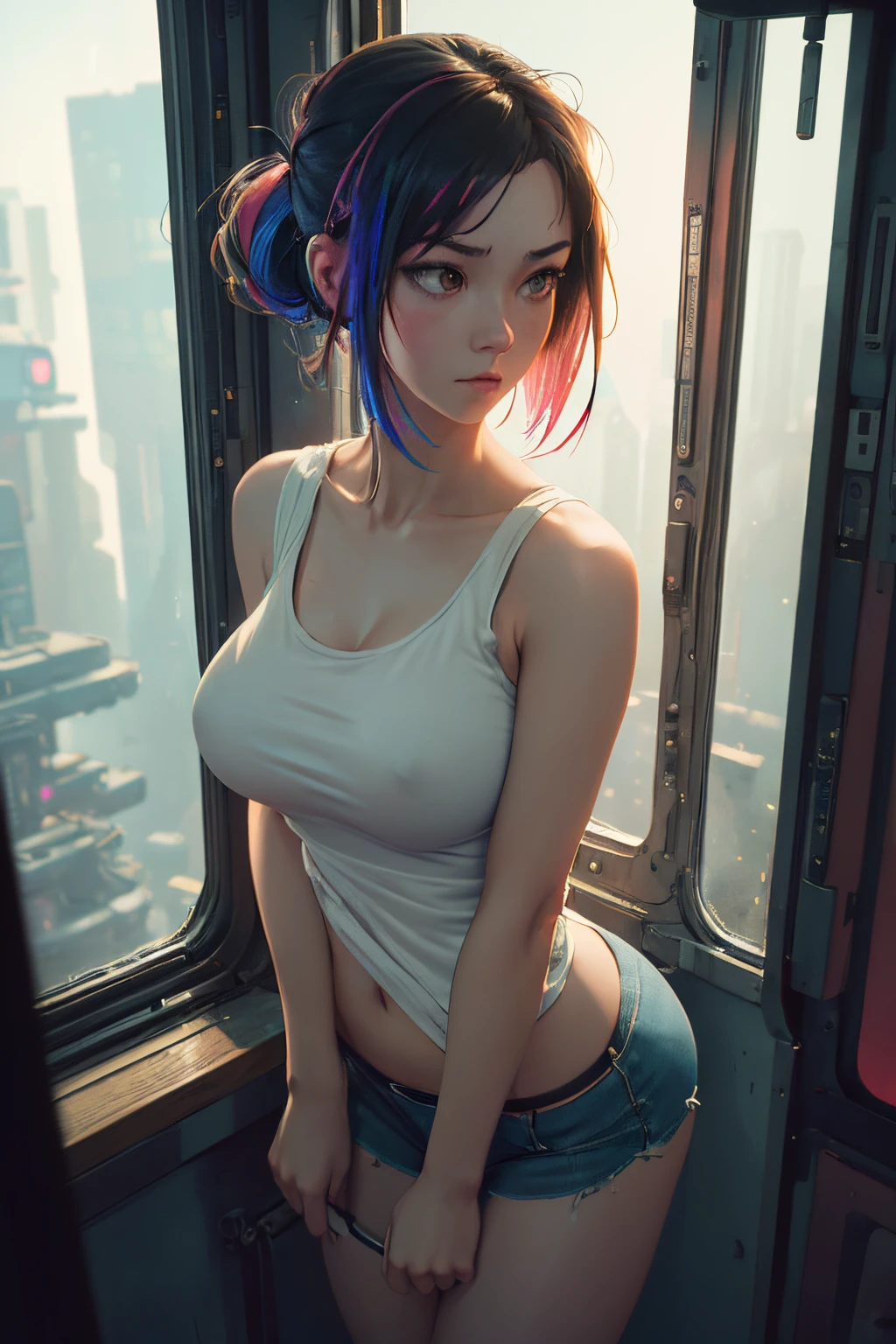 (Wide angle view), (looking away from camera:1.2), zoomed out photo, (entire body in frame), fit 24 year old woman in cute panties and loose tanktop sits in the windowsill of her large (round bedroom window:1.2), (staring wistfully out of window:1.2), (into outer space:1.3), sad, lonely, dim lighting, (cyberpunk bedroom on colony ship:1.3), (loose tanktop on woman side of breasts slightly:1.3), (Miyazaki style illustration:1.2), (undressing), surprised but naughty, (dynamic lighting:1.2), 8k, (detailed face and eyes:1.3), natural boobs, multicolored, (masterpiece), perfect hands, long legs, standing at the top.