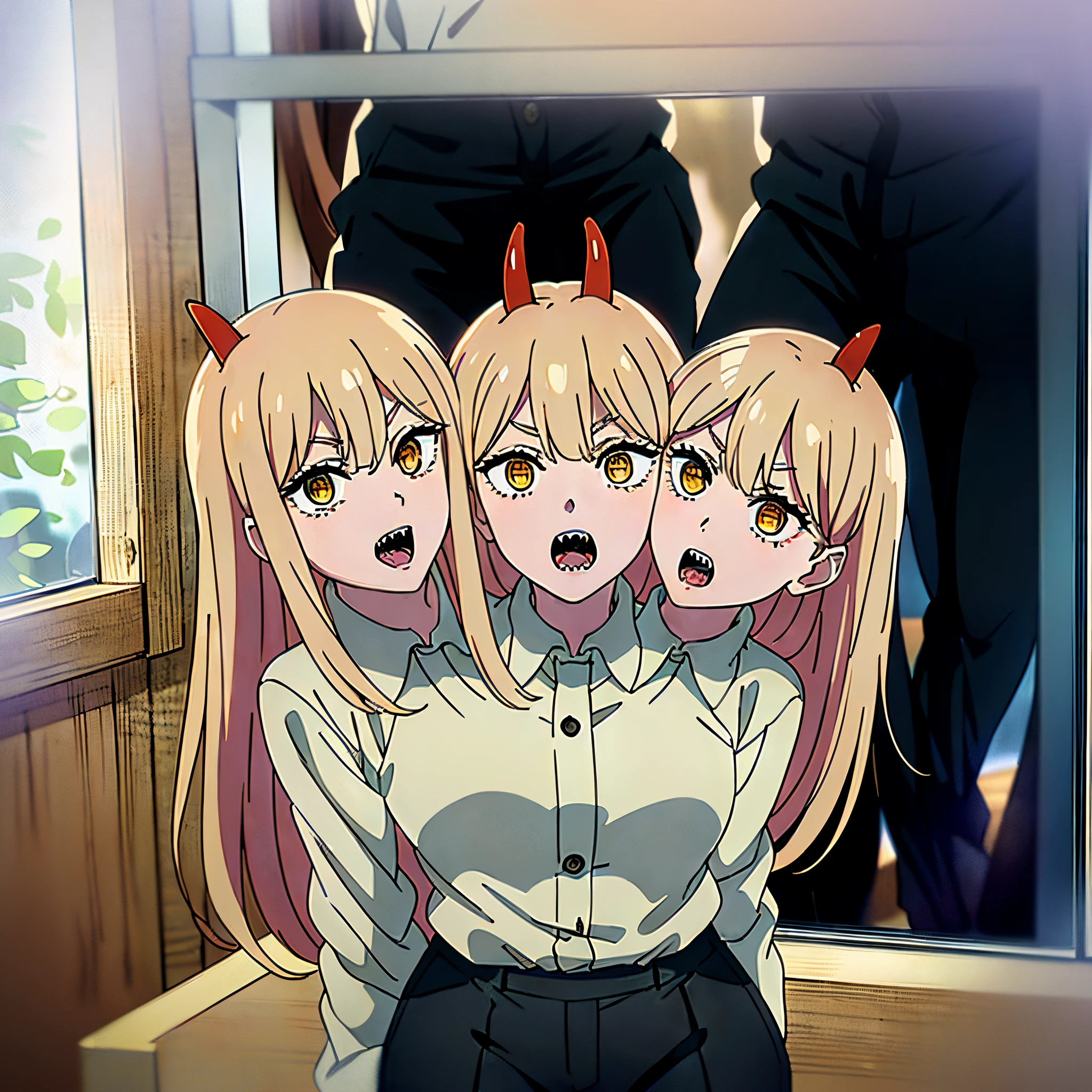 (3heads:1.7), masterpiece, (ultra detailed background, delicate pattern, intricate detail), (highly detailed, fine detailest quality, beautiful lighting, csm anime style, PowerV2, 1girl, solo, long hair, blonde hair, red horns, cross-shaped pupils, (symbol-shapedpupils, hyperdetailed eyes, hyperdetailed pupils), yellow eyes, ((white shirt, collared shirt, black pants)), sharp teeth, complex detailed background, inside, window, door, dark lighting, medium hair, business suit, suit, open mouth, ((cowboy shot)),