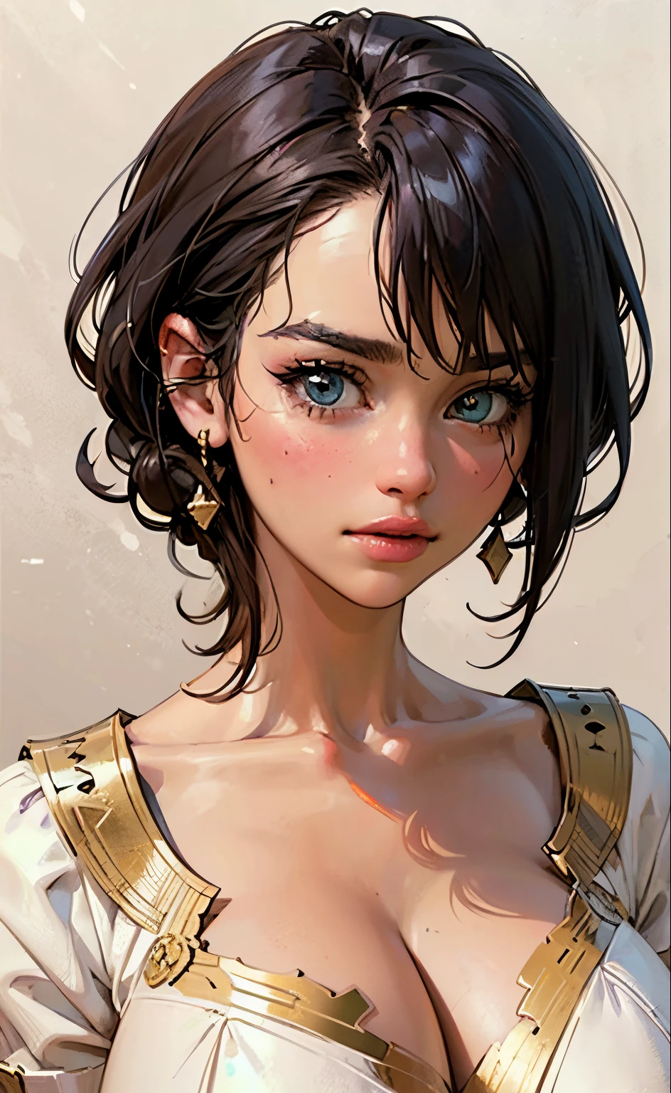 8k, ((full body portrait:1.3)), a beautiful cyborg with black hair, intricate, (detailed face), beautiful detailed eyes, Egyptian elegant, highly detailed, Egyptian majestic, gigantic breasts, septum piercing, digital photography, ((puffy lips)), ((cleavage)), ((mature face)), ((gigantic breasts)), art by artgerm and ruan jia and greg rutkowski surreal painting gold peacock filigree, broken gsterpiece, sidelighting, finely detailed beautiful eyes: 1.2), hdr,