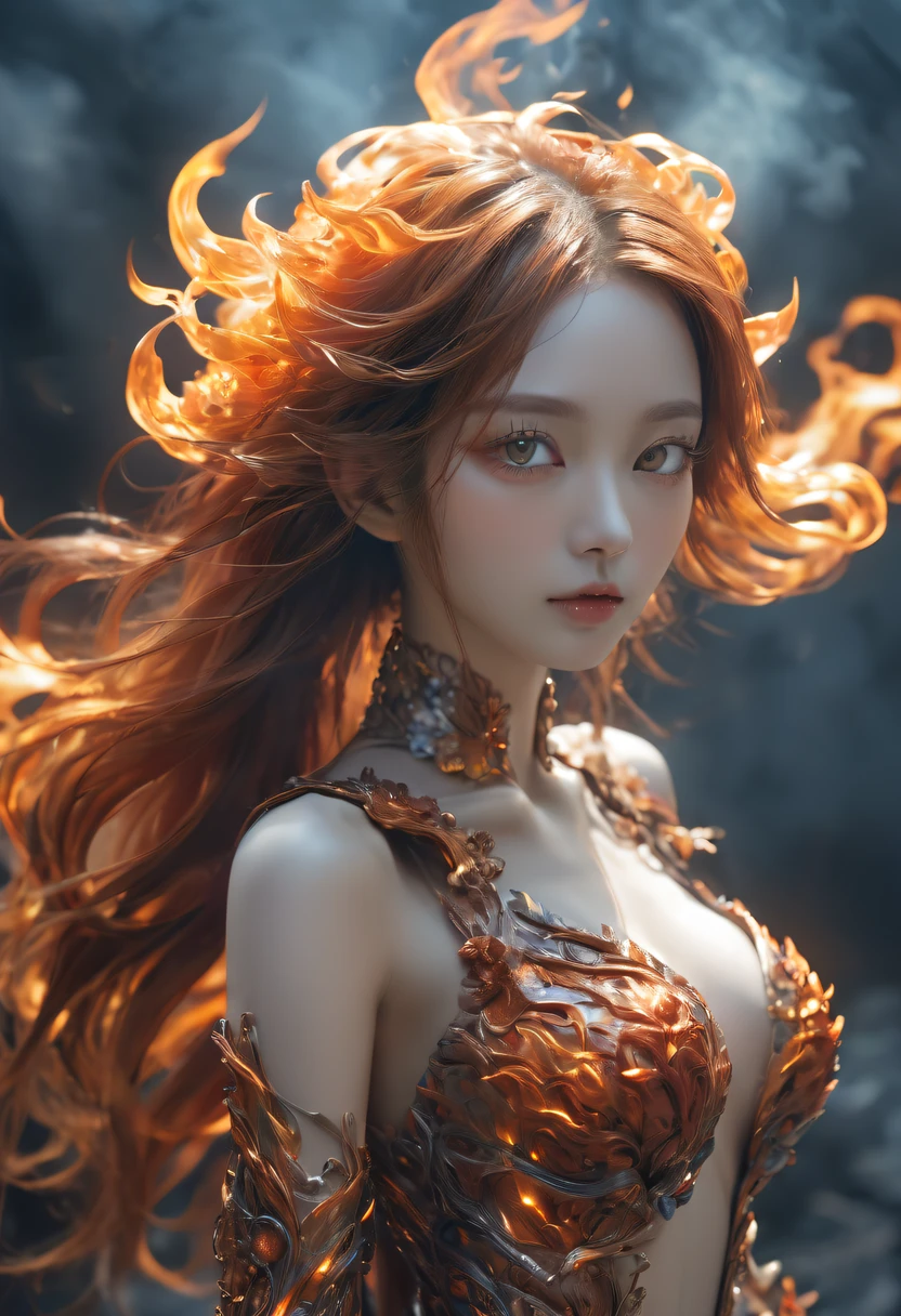 (火焰/butterflys/Loim,dynamic scene:1.3),studio photo, Beautiful robot metal woman standing alone, strange fantasy images, Strange glowing rock, The beautiful, Detailed pubic hair, Long, flowing hair, middling, great skin texture