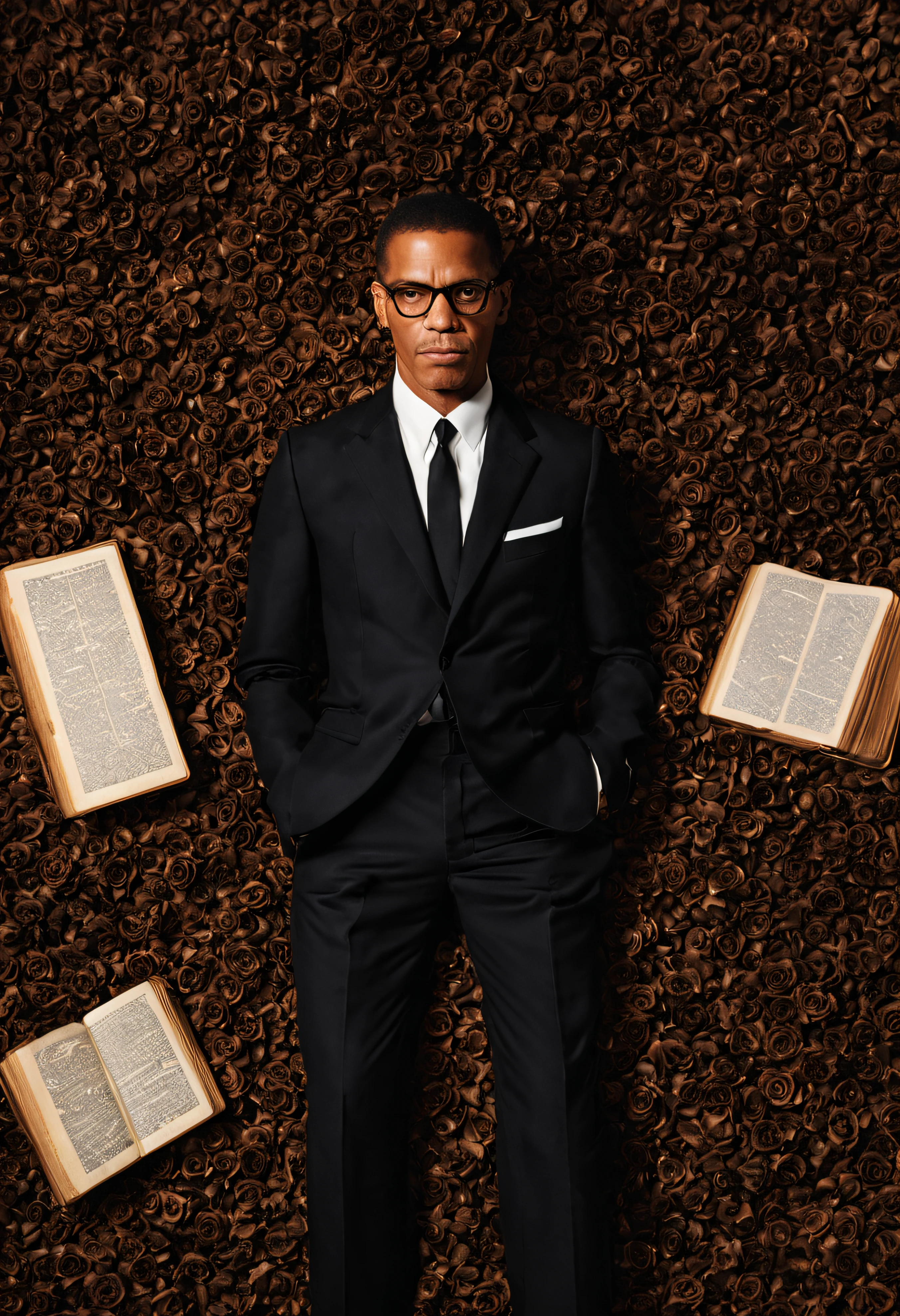 flat lay, Malcolm X, lying on floor while holding a Koran in one hand. Floor is covered in thousands of black roses. Malcolm X wearing all black: a black suit with black tie and black shirt. looking at camera. fashion lighting. full body in image. 8k, high res. Victorian room. a top-down view, golden ratio