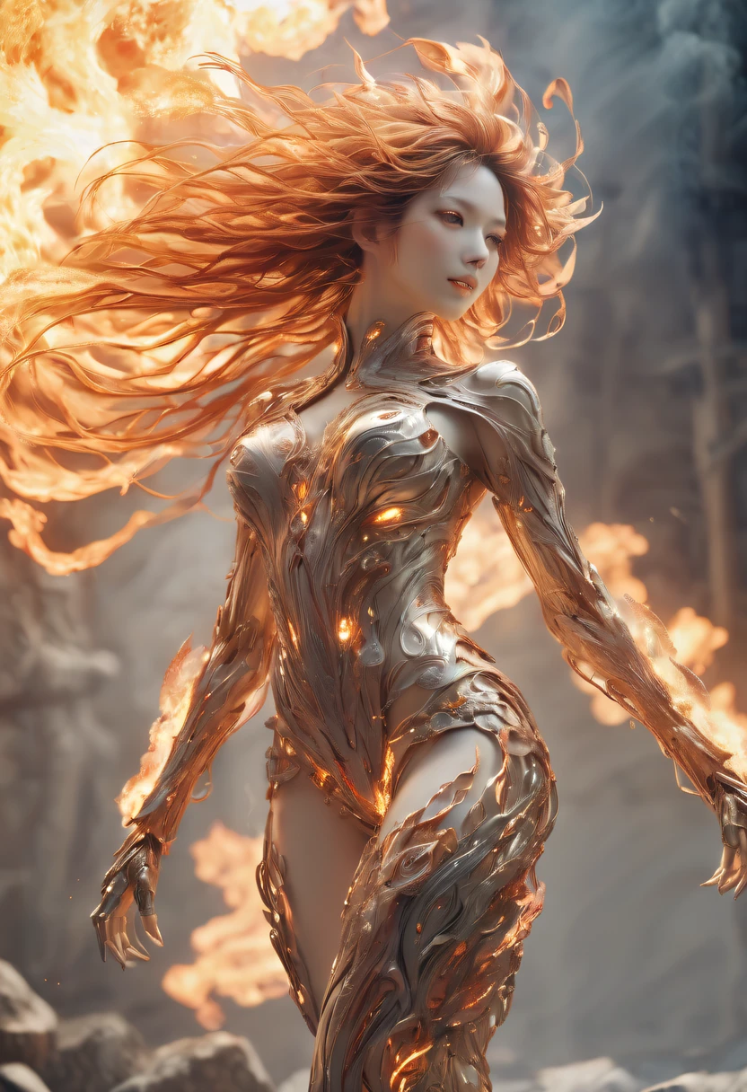 (火焰/butterflys/Loim,dynamic scene:1.3),studio photo, Beautiful robot metal woman standing alone, strange fantasy images, Strange glowing rock, The beautiful, Detailed pubic hair, Long, flowing hair, middling, great skin texture