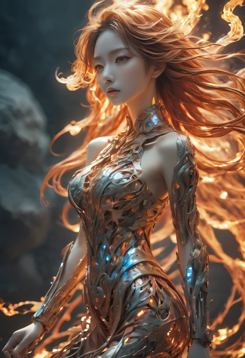 (火焰/butterflys/Loim,dynamic scene:1.3),studio photo, Beautiful robot metal woman standing alone, strange fantasy images, Strange glowing rock, The beautiful, Detailed pubic hair, Long, flowing hair, middling, great skin texture