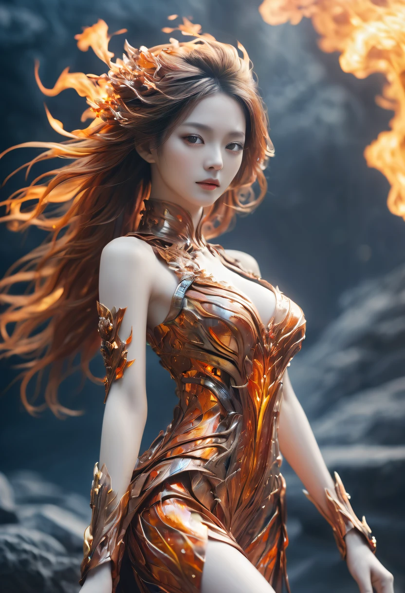 (火焰/butterflys/Loim，dynamic scene:1.3)，studio photo, Beautiful robot metal woman standing alone, strange fantasy images, Strange glowing rock, The beautiful, Detailed pubic hair, Long, flowing hair, middling, great skin texture