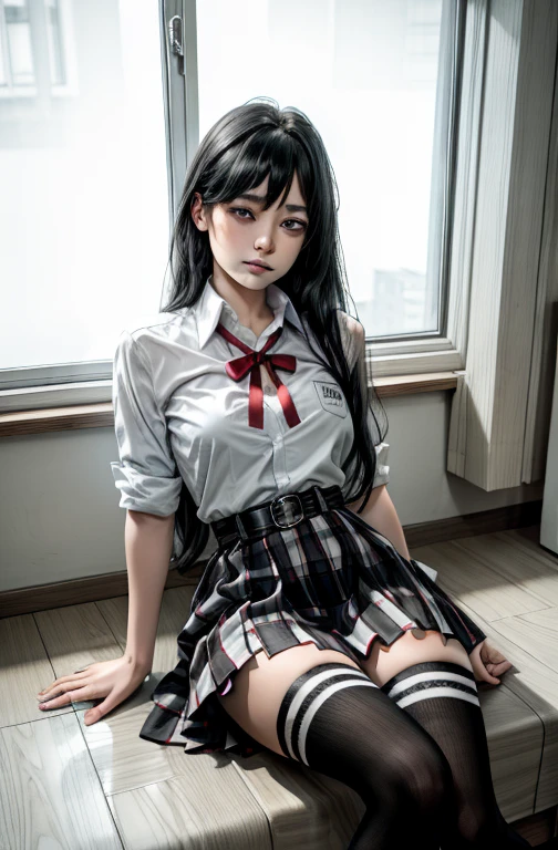 1 girl as yukino yukinoshita, absurdres, highres, solo, school uniform, big breasts, waist long black hair, (twintails:0.5), miniskirt, black thighhigh socks, loose red ribbon, unbuttoned white shirt, (ahegao:1.2), (rolling eyes:1.2), spread legs