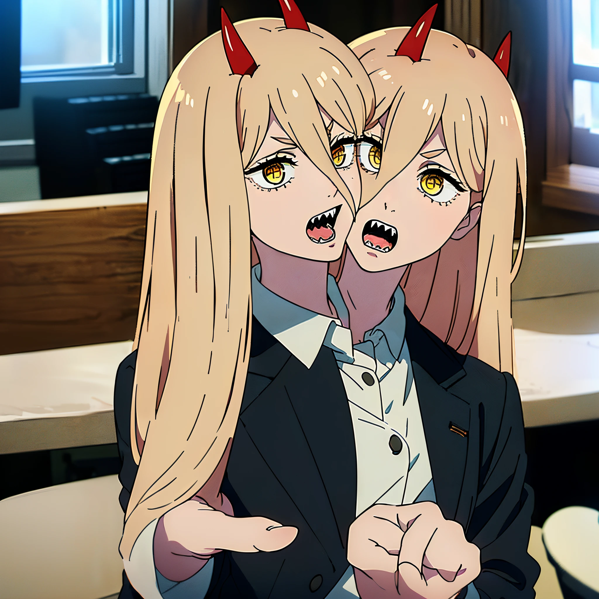 (2heads:1.9), masterpiece, (ultra detailed background, delicate pattern, intricate detail), (highly detailed, fine detailest quality, beautiful lighting, csm anime style, PowerV2, 1girl, solo, long hair, blonde hair, red horns, cross-shaped pupils, ( symbol-shaped pupils, hyperdetailed eyes, hyperdetailed pupils), yellow eyes, ((white shirt, collared shirt, black pants)), sharp teeth, complex detailed backgroubdm inside, window, dark lighting, medium hair, business suit, suit, open mouth , pointing finger, ((cowbot shot)),