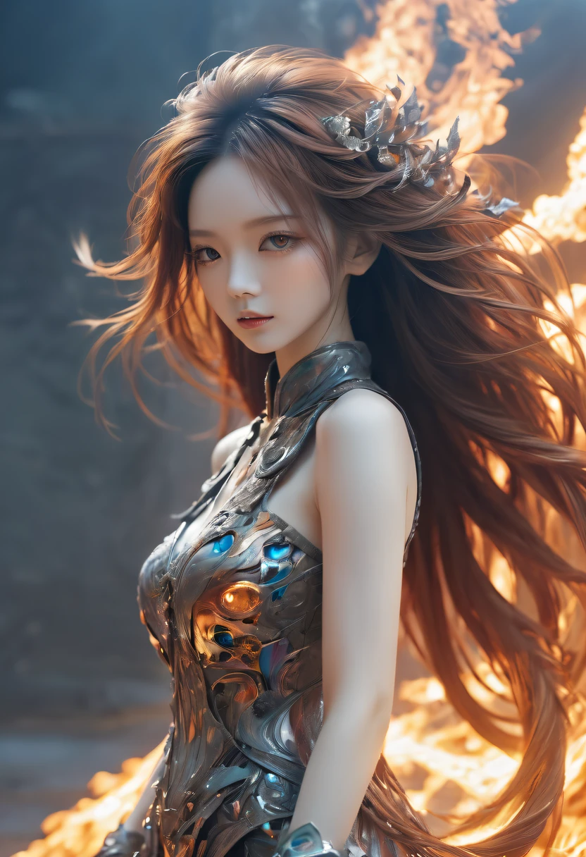 (火焰/butterflys/Loim,dynamic scene:1.3),studio photo, Beautiful robot metal woman standing alone, strange fantasy images, Strange glowing rock, The beautiful, Detailed pubic hair, Long, flowing hair, middling, great skin texture