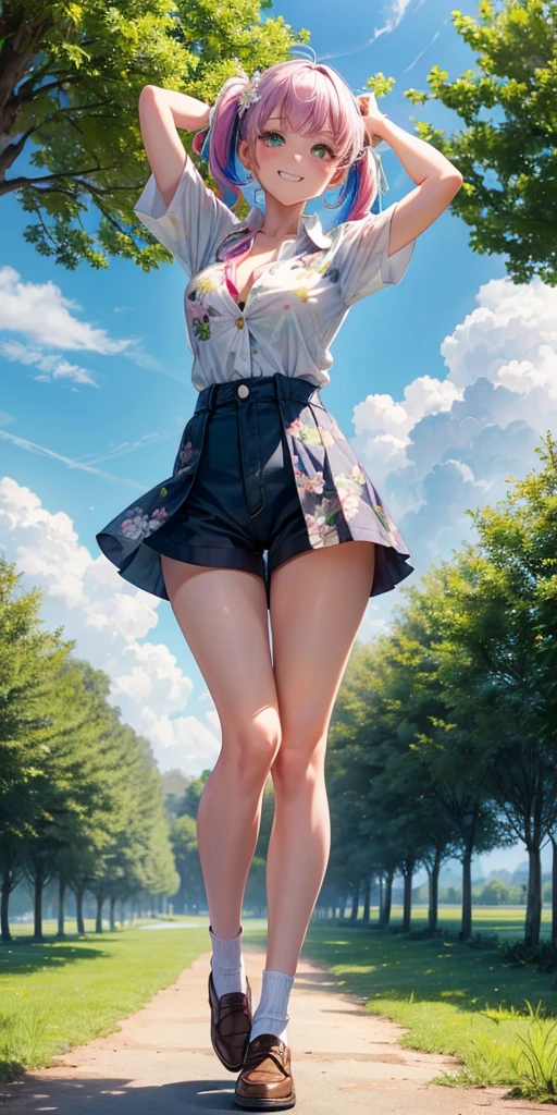 1girl, adoult, solo, full body, summer, village, trees, sun, clouds, ((colorful hair)), twintail, large breasts, button down, green eyes, ((floral pattern white shirt)), ((unbuttoned shirt)), ((short sleeved shirt)), belly reveal, shorts, brown shoes, grin, looking at the viewer, standing, hair ribbon