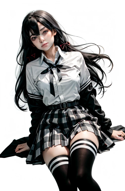 1 girl as yukino yukinoshita, absurdres, highres, solo, school uniform, big breasts, waist long black hair, (twintails:0.5), miniskirt, black thighhigh socks, loose red ribbon, unbuttoned white shirt, (ahegao:1.2), (rolling eyes:1.2), spread legs, orgasming, fainting,