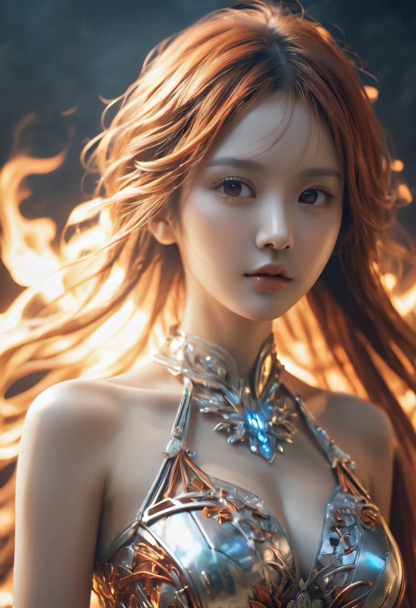 (火焰/butterflys/Loim，dynamic scene:1.3)，studio photo, Beautiful robot metal woman standing alone, strange fantasy images, Strange glowing rock, The beautiful, Detailed pubic hair, Long, flowing hair, middling, great skin texture
