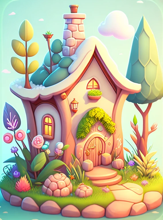 Cartoon-style house, flowers and plants, magical elements, mobile game, forest and plants, a touch of magical elements, outlines of animals.