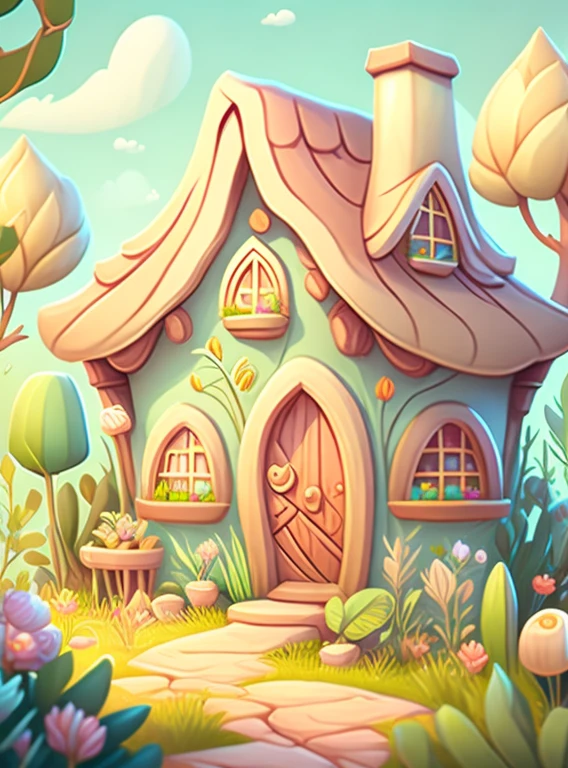 Cartoon-style house, flowers and plants, magical elements, mobile game， forest and plants, a touch of magical elements, outlines of animals.