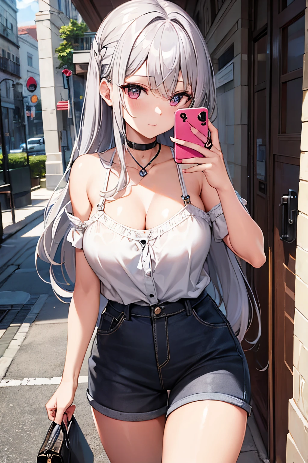 Beautiful gray hair、Beautiful red eyes、Longhaire、Tube Top、shortpants、a choker、Selfie wind、selfee、piece、piece sign