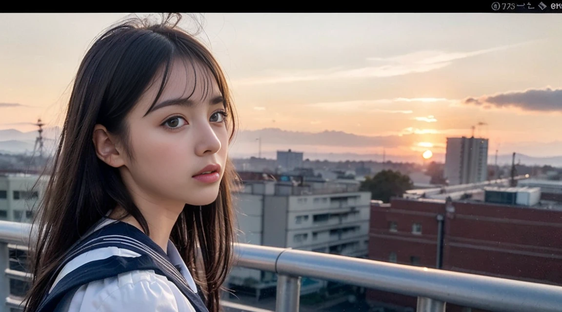 (Best Quality, 8K, 32 k, masutepiece, (english) (english) (english):1.2), (Raw foto), (realisitic), (Photorealistic:1.2), (high resolucion), Ultra-detailed, extremely beautiful face & eyes, 1girll, (Lori, 14 year old:1.2), young female, innocent face, faint expression, sad look, Black straight hair, thin-waist, tits huge, slim proportions, (Uniform of Japanese sailors, sailor fuku, serafuku, japanese school sailor uniform, striped pleated miniskirt:1.27), Beautiful profile, sunset outside, red sky and clouds, 90s, vintage film camera shooting, school rooftop, Pretty legs, The appearance of the whole body