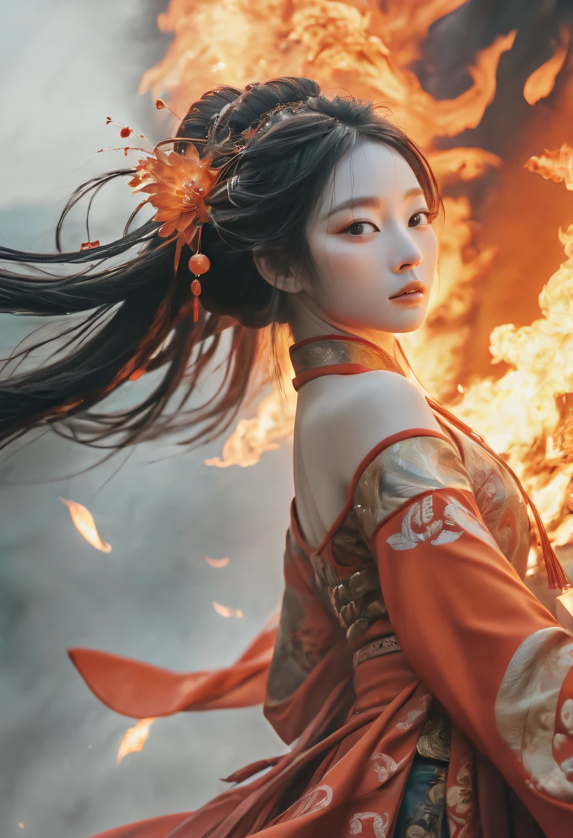 (火焰/butterflys/Loim,dynamic scene:1.3),natural, open fields, high fantasy, dark fantacy, Some primitive tribes houses