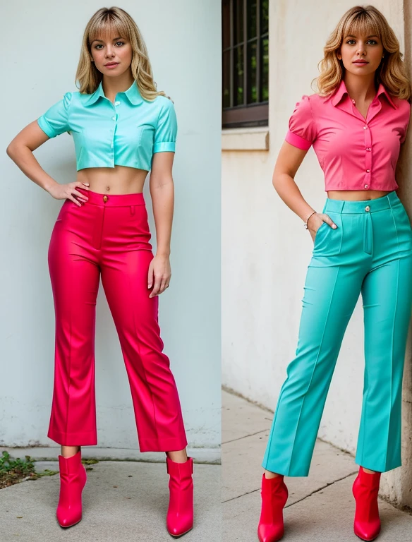 Realistic portrayal:1.2, photorealistic, deliberate, 4k, Clover from Totally Spies! Blonde Shoulder Length Wavy Hair With Bangs, light blue eyes and medium toned skin; wearing a red collared blouse, buttoned at her midriff, pink pants, and red heeled boots to complete the look.