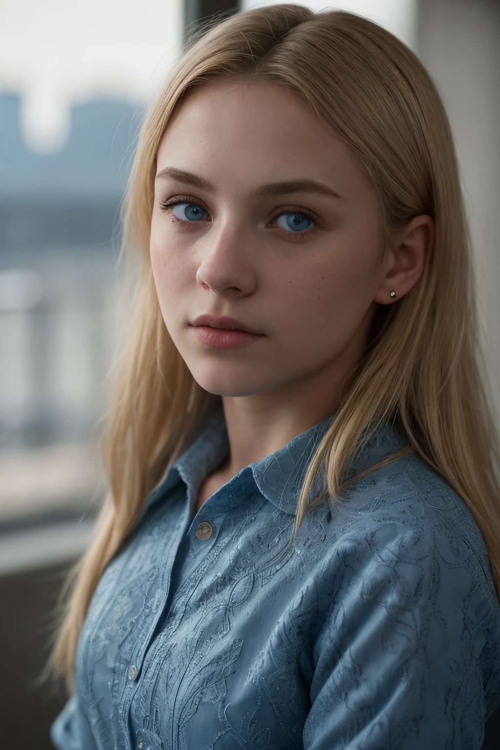 Breathtaking cinematic still headshot of a 15 year old girl with blonde hair and blue eyes, blue filigree, shirt, intricate details, shallow depth of field, vignette, highly detailed, high budget Hollywood film, Bokeh, Cinemascope, Moody, epic, gorgeous, filmic grain, master piece, Award-winning, professional, highly detailed, Detailed skin texture, (blush:0.5), (goosebumps:0.5), Subsurface scattering