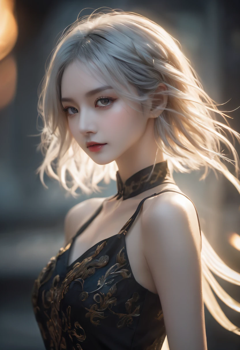 (火焰/butterflys/Loim,dynamic scene:1.3),(high high quality: 1.3), Cinema lenses, tmasterpiece, (Focus sharp: 1.5), (realistically: 1.3), Medium portrait (A beautiful young vampire woman, pale-skinned, Gothic, Still proud and fierce, Black short bob straight hair, dark look, Wearing a sophisticated dark tunic, Dark atmosphere, But shape it in a way that contrasts light and dark), It's already evening, (highlydetailed skin), (Detailed faces), detailedbackground, Dim light, dusk lighting, Volumetriclighting, Complicated details, hyper HD,